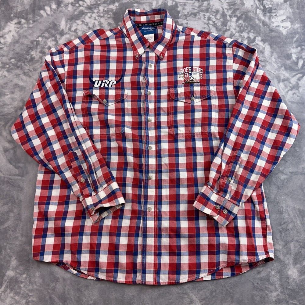 Wrangler Men's Red White Blue Flannel URP Rope The Rockies Embroidered Size XL